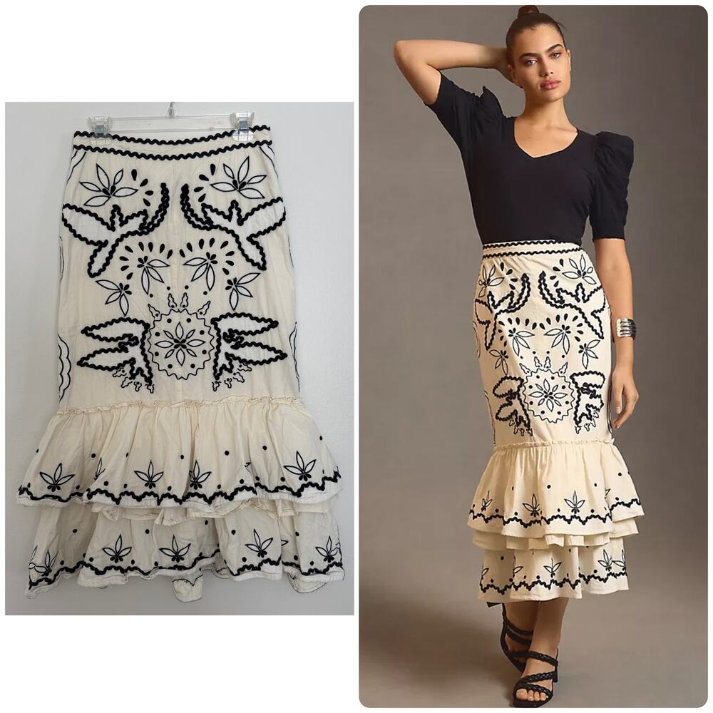 Anthropologie Mermaid Bird-and-floral Embroidered and Ruffled Tier Skirt